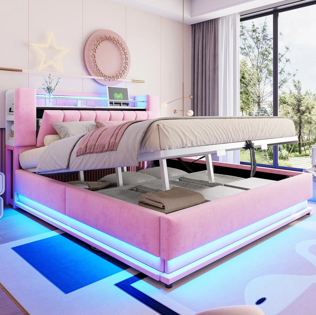 Letto matrimoniale imbottito 180x200 cm con LED, USB e contenitore, rosa