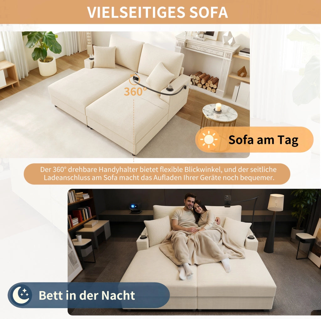 Divano 2 posti beige in velluto a coste con USB, USB-C e portabevande