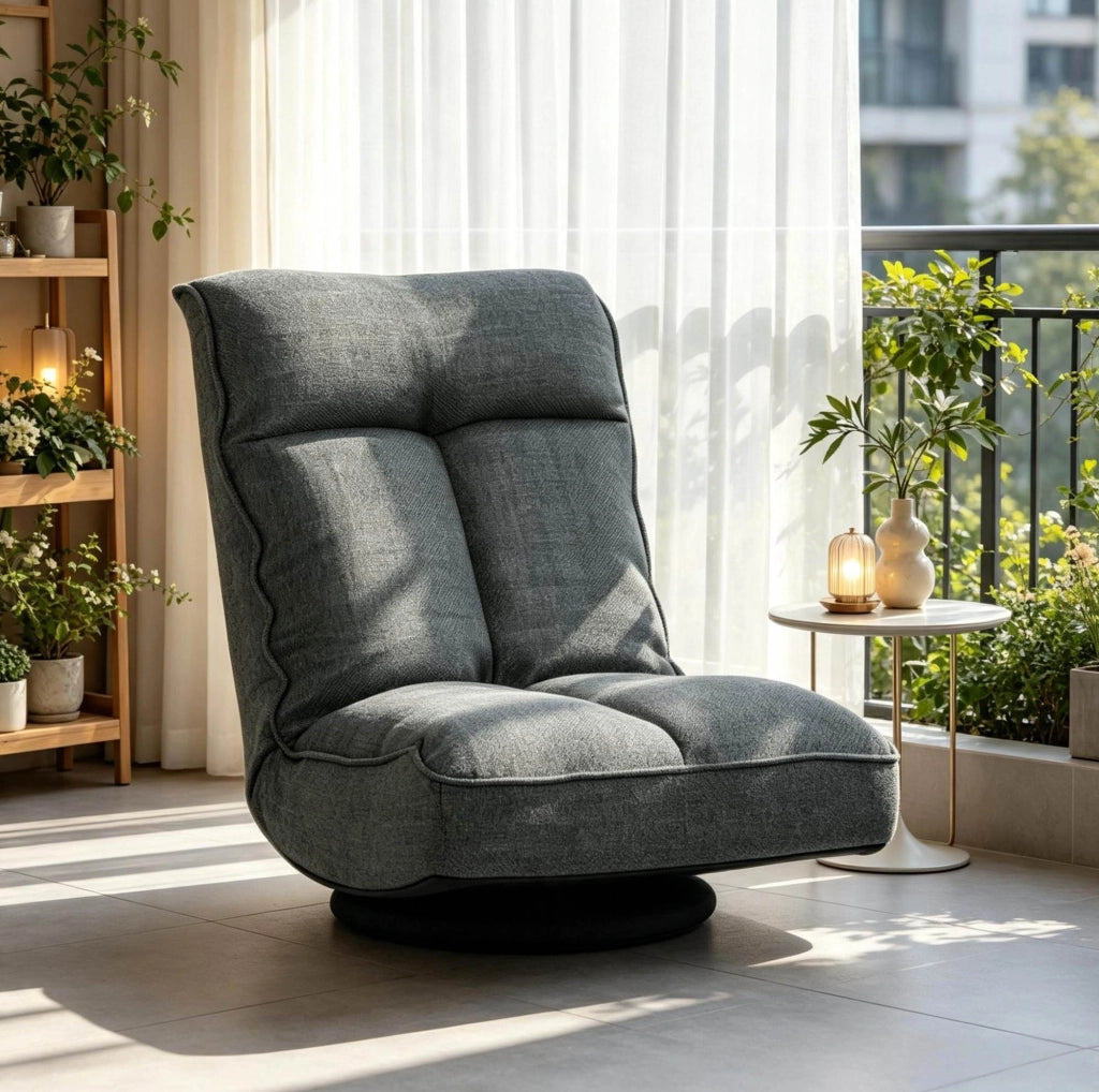 Poltrona relax girevole 58x107x79 cm in lino grigio, schienale reclinabile –