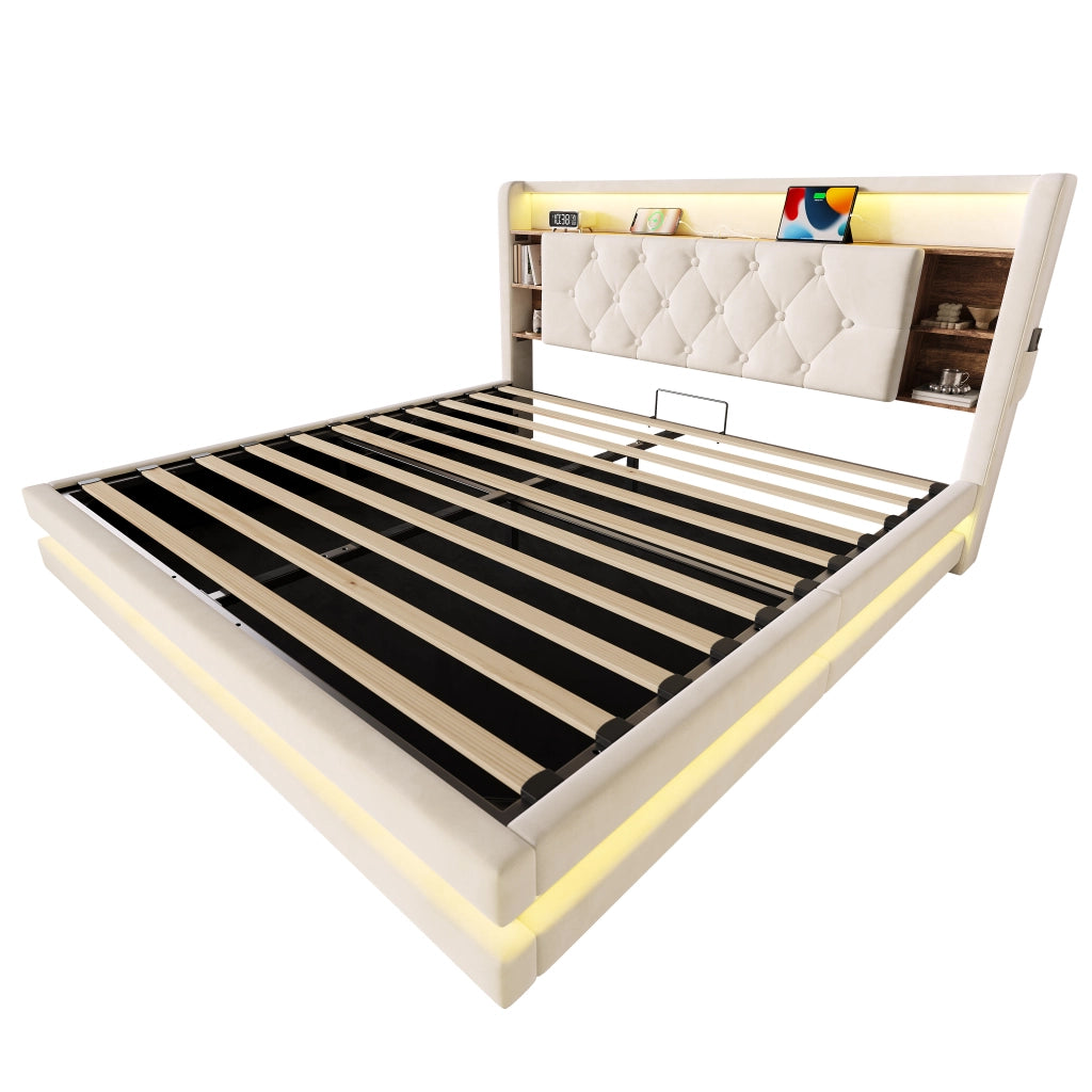 Letto imbottito 160x200 cm con vano contenitore; LED; USB e Type-C; testiera con ripiani; velluto beige
