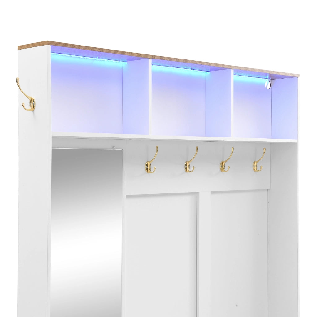Guardaroba da ingresso con LED a 16 colori; specchio; ganci; cassetti e seduta in MDF 120 × 40 × 187 cm