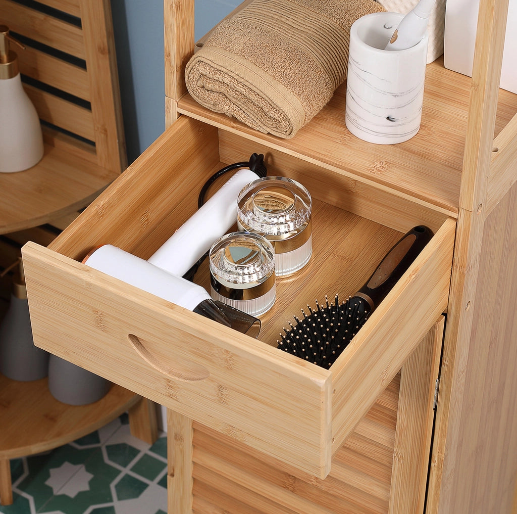 Colonna bagno in bambù con cassetto e anta a lamelle