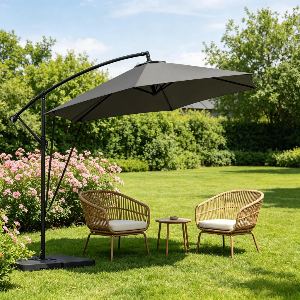Ombrellone da giardino a sbalzo con manovella e inclinazione in metallo e poliestere grigio scuro 310 × 310 cm