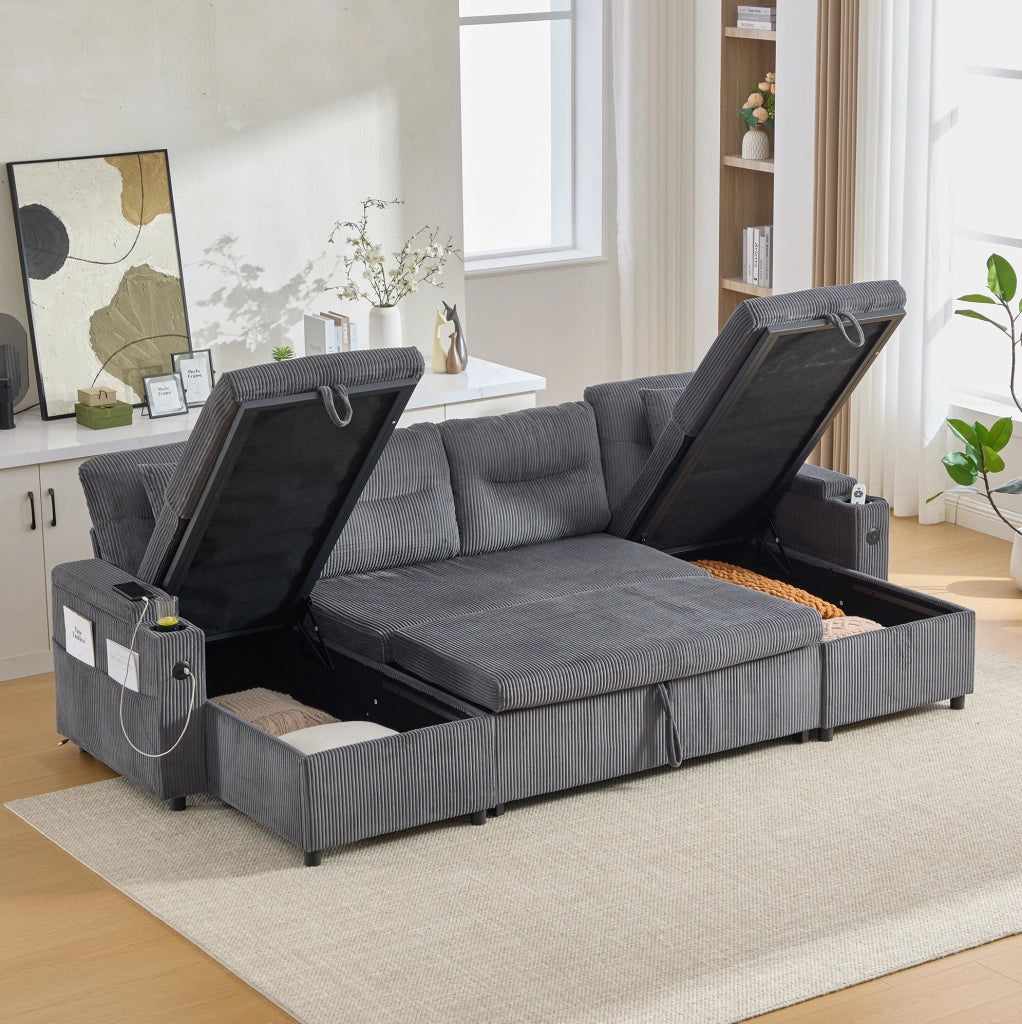Divano 4 posti in tessuto a coste con doppia chaise longue