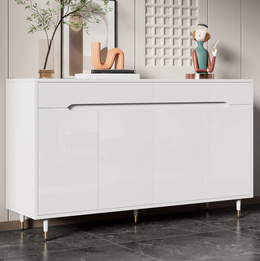 Scarpiera 140x39x84 cm in truciolare bianco e oro con 2 cassetti e ripiani regolabili