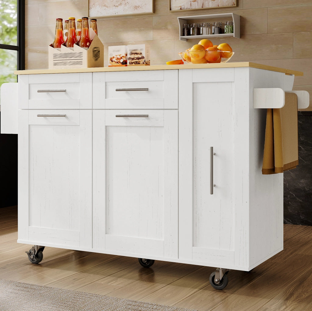 Isola cucina multifunzione bianca 110x46 cm con piano ribaltabile, ruote e ampio spazio interno