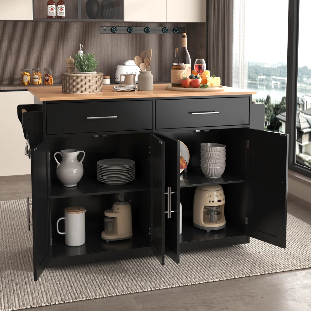 Carrello Isola Cucina 120x71x91;5 cm con Piano Pieghevole; Ruote; Porta-Asciugamani; Black+Natural