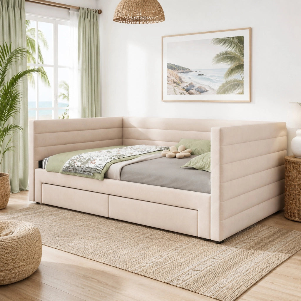 Letto imbottito 3-in-1 con 2 cassetti; divano e letto estraibile 90x190/180x190 cm; beige