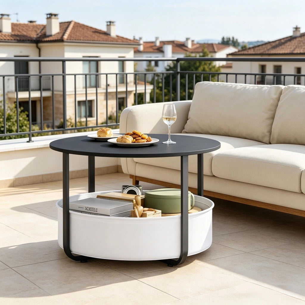 Tavolino basso fisso rotondo con cestino in tela struttura in metallo nero diametro 80 cm altezza 50 cm