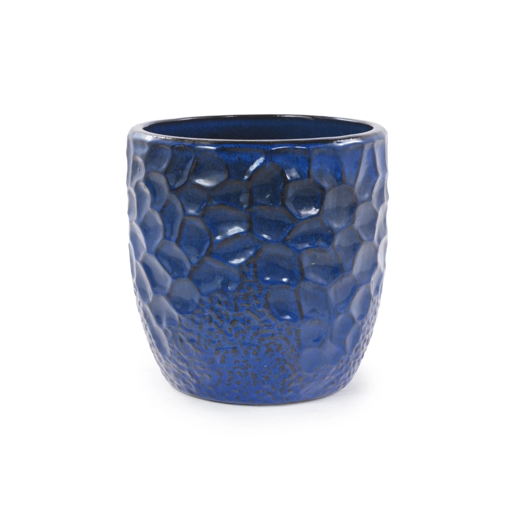 Vaso in Ceramica Smaltata Blu Scuro Ø22,5 cm con Motivo a Martellatura per Piante Grasse e Piante da Interno
