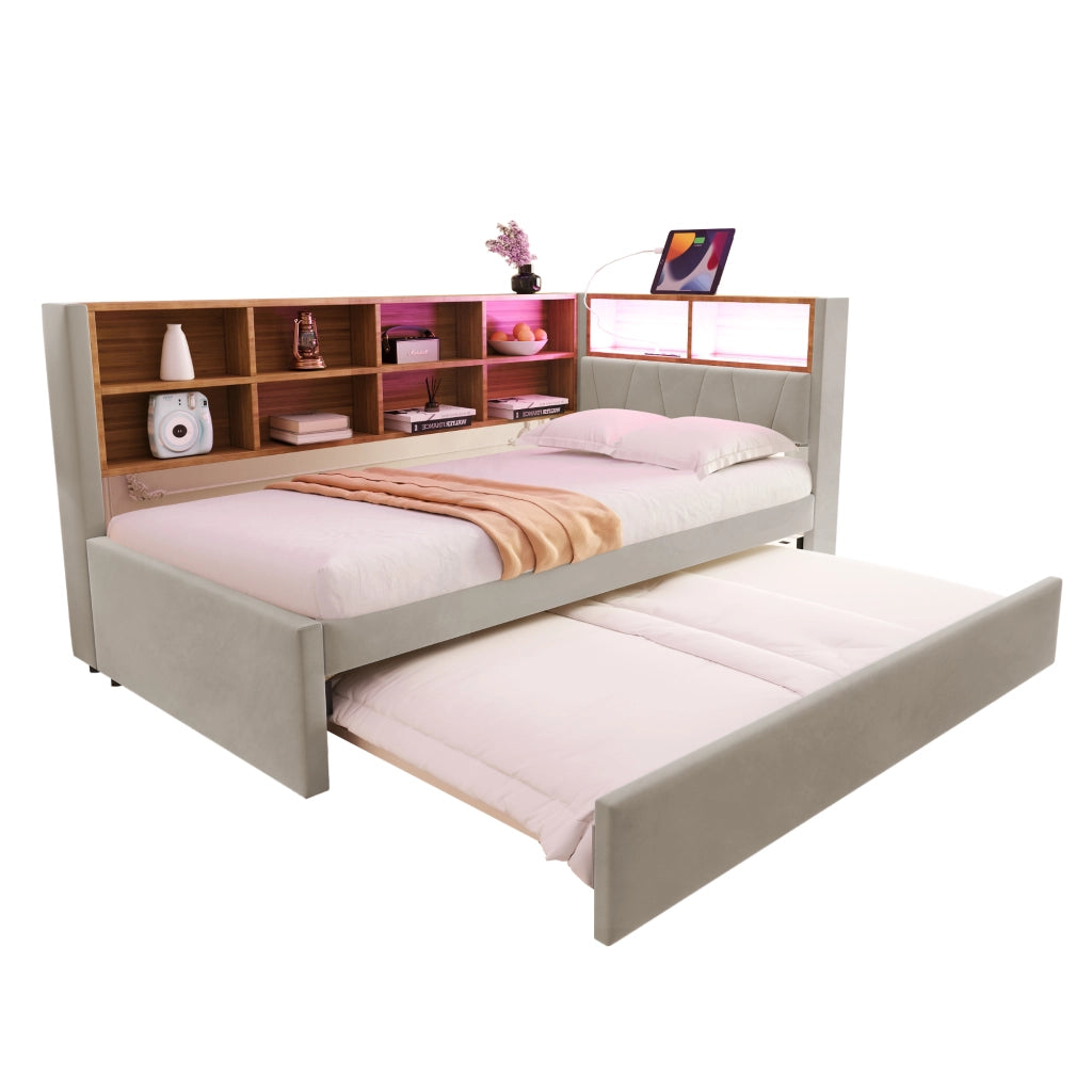 Letto con letto estraibile 90 × 200 cm con secondo letto 90 × 190 cm LED porte USB e prese grigio chiaro