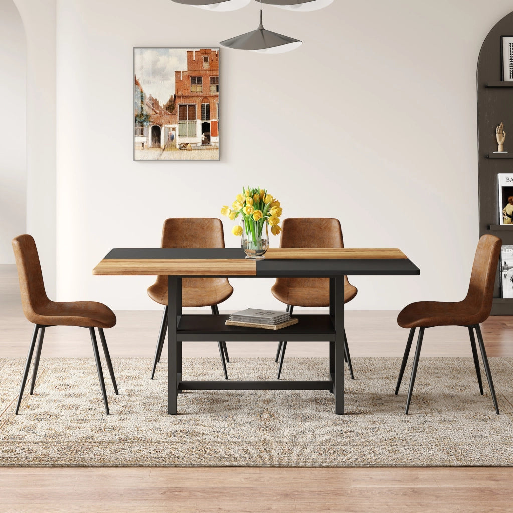 Set tavolo da pranzo rettangolare 160 cm con ripiano e 4 sedie in tessuto tecnico marrone