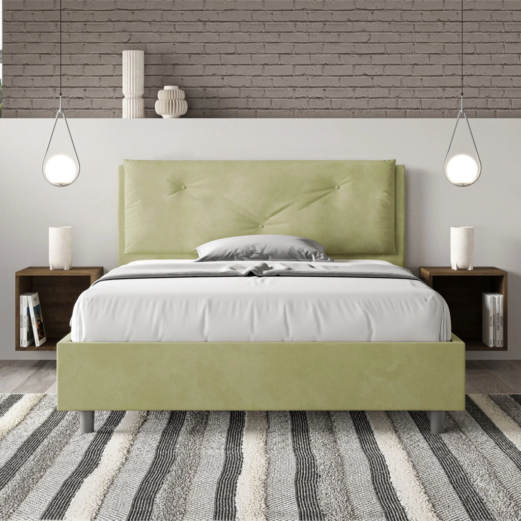 BS COM Letto matrimoniale francese contenitore imbottito 140x190 microfibra tè verde Large