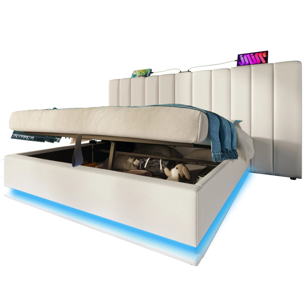 Letto 180x200 cm con contenitore, LED, USB e USB-C in PU bianco con materasso