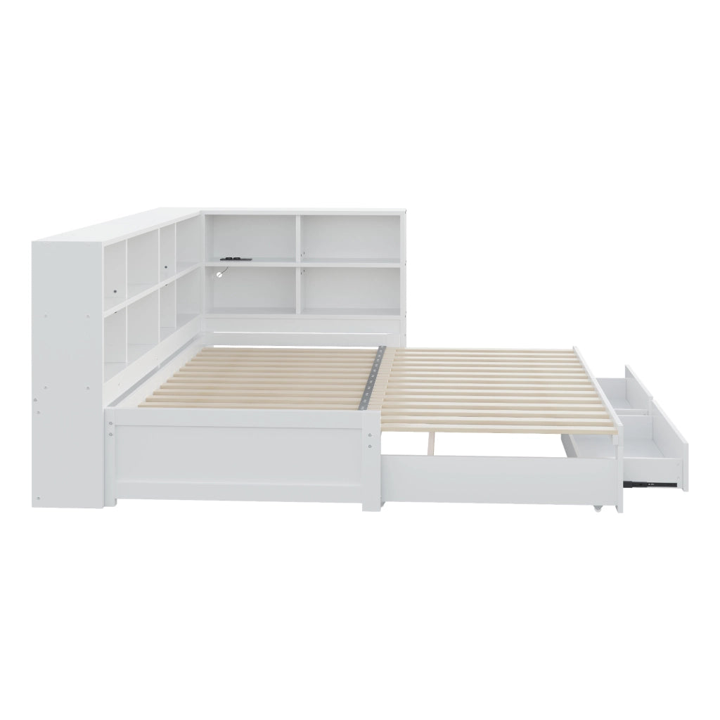 Letto con letto estraibile 90 × 190 cm estensibile a 180 × 190 cm con cassetti e prese multifunzione bianco
