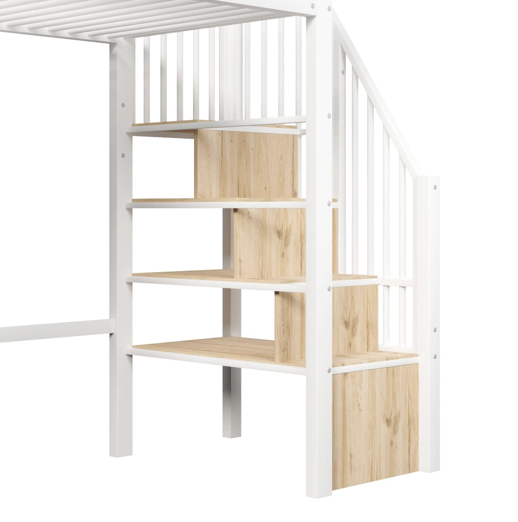 Letto a soppalco con scala contenitore e area inferiore aperta