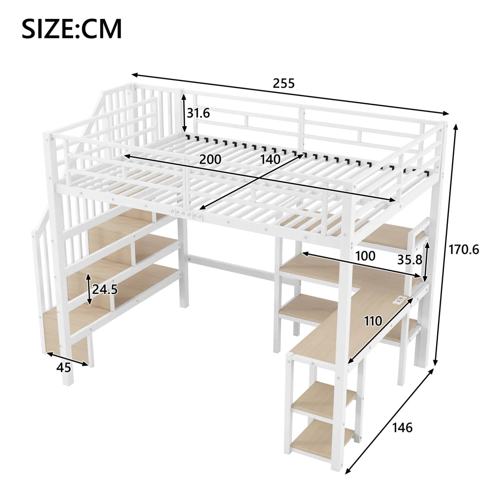 Letto a soppalco in metallo 140x200 cm, bianco, con scala, scrivania integrata, vani portaoggetti, presa USB e luce LED