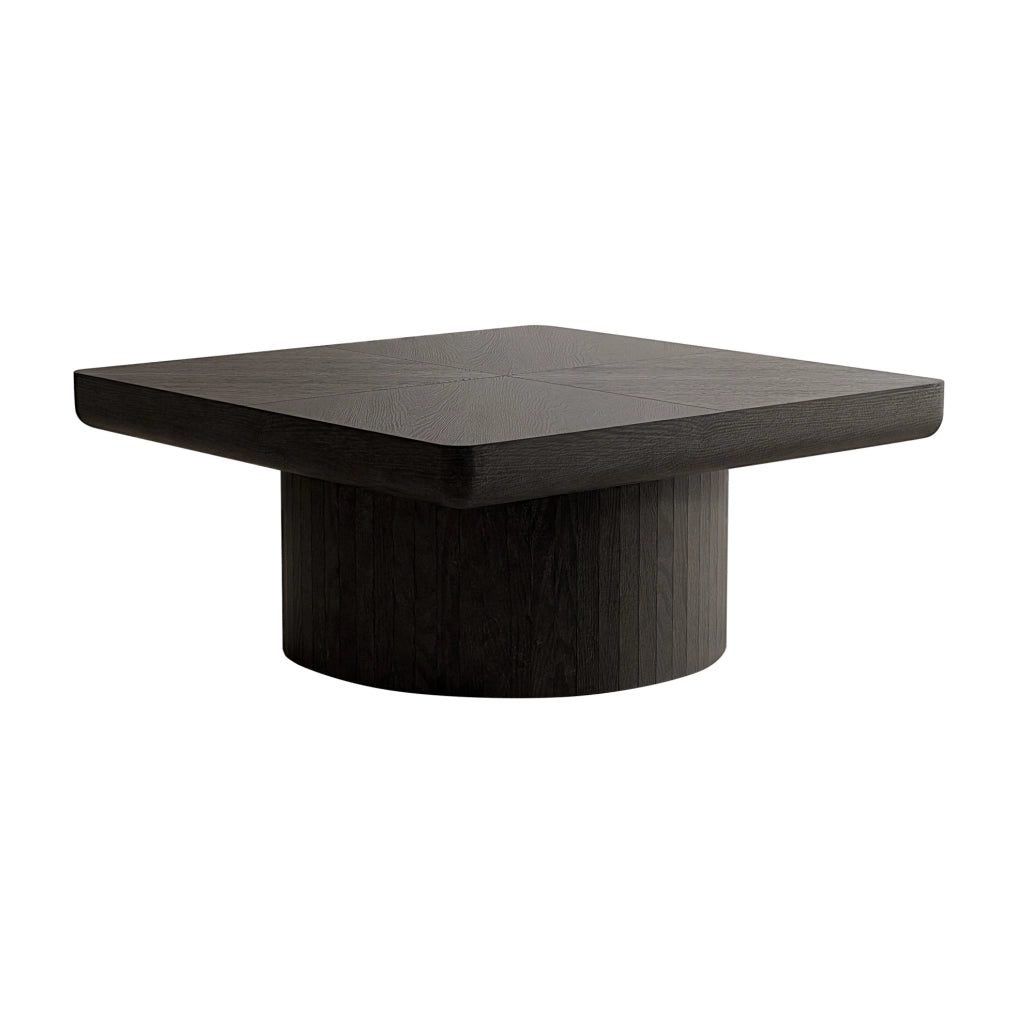 Tavolino Quadrato 78cm con Piano in Impiallacciatura a Parquet e Base Cilindrica Nero