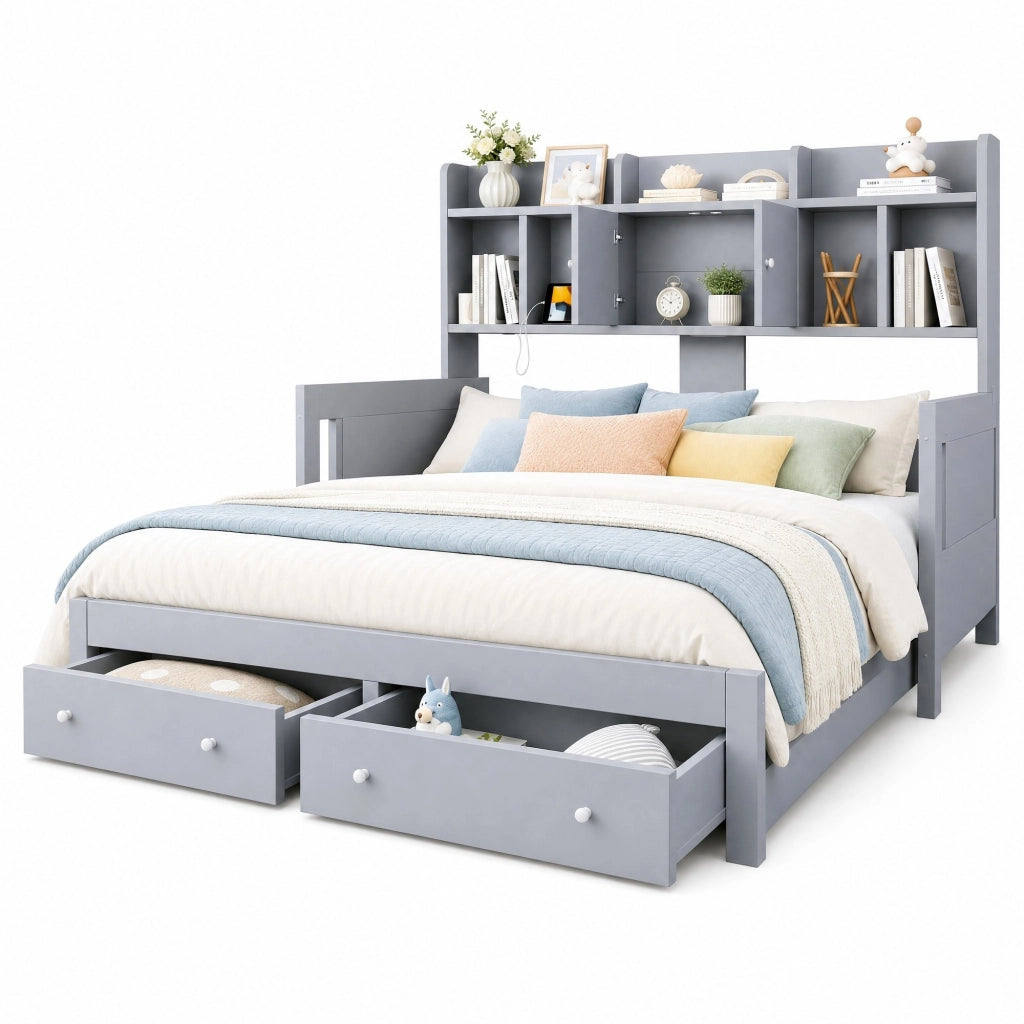 Letto estraibile in legno grigio con cassetti vani contenitore prese integrate e illuminazione LED