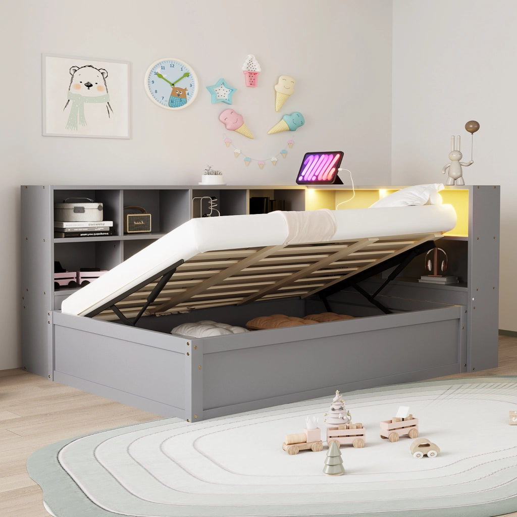 Letto singolo 90 × 200 cm con vano contenitore idraulico prese integrate e LED controllabile in legno grigio