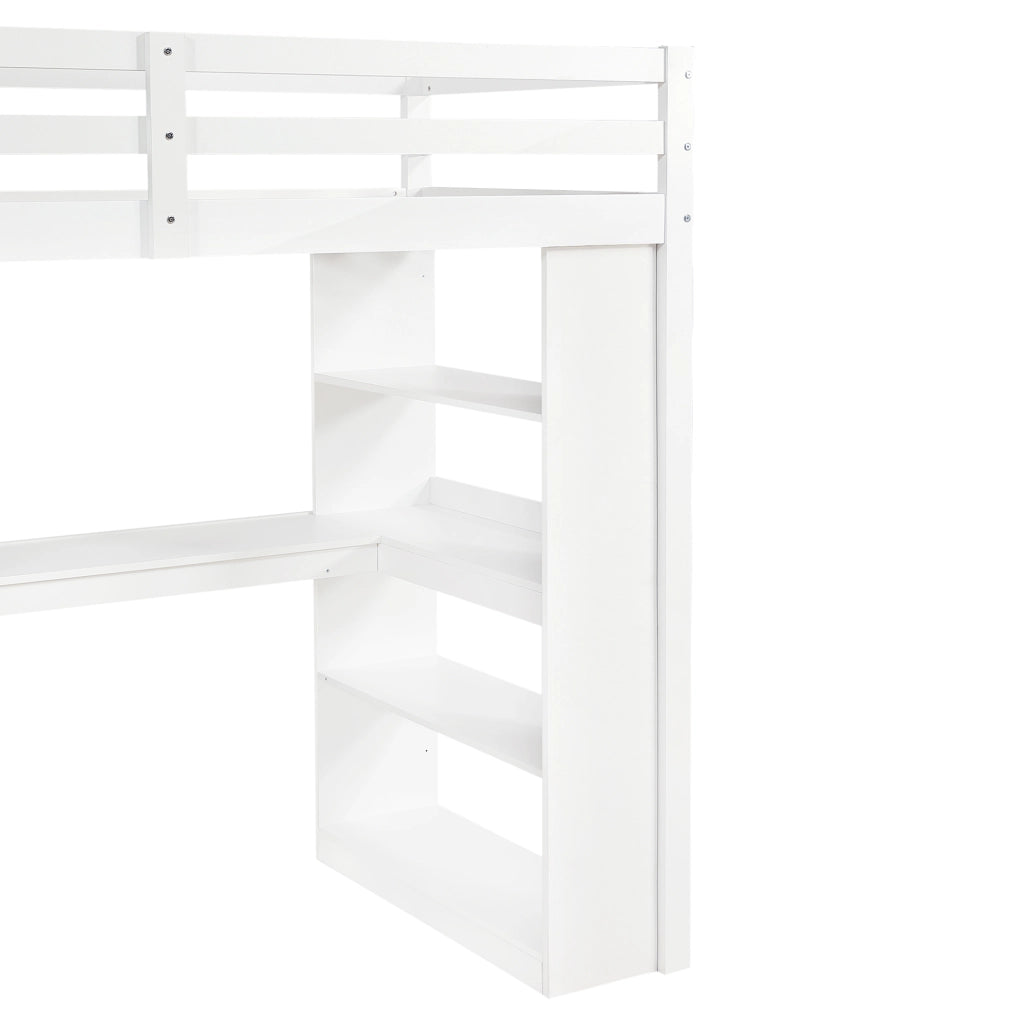 Letto a soppalco 90 × 200 cm con ripiano laterale piano angolare scala inclinata e barriera in legno bianco