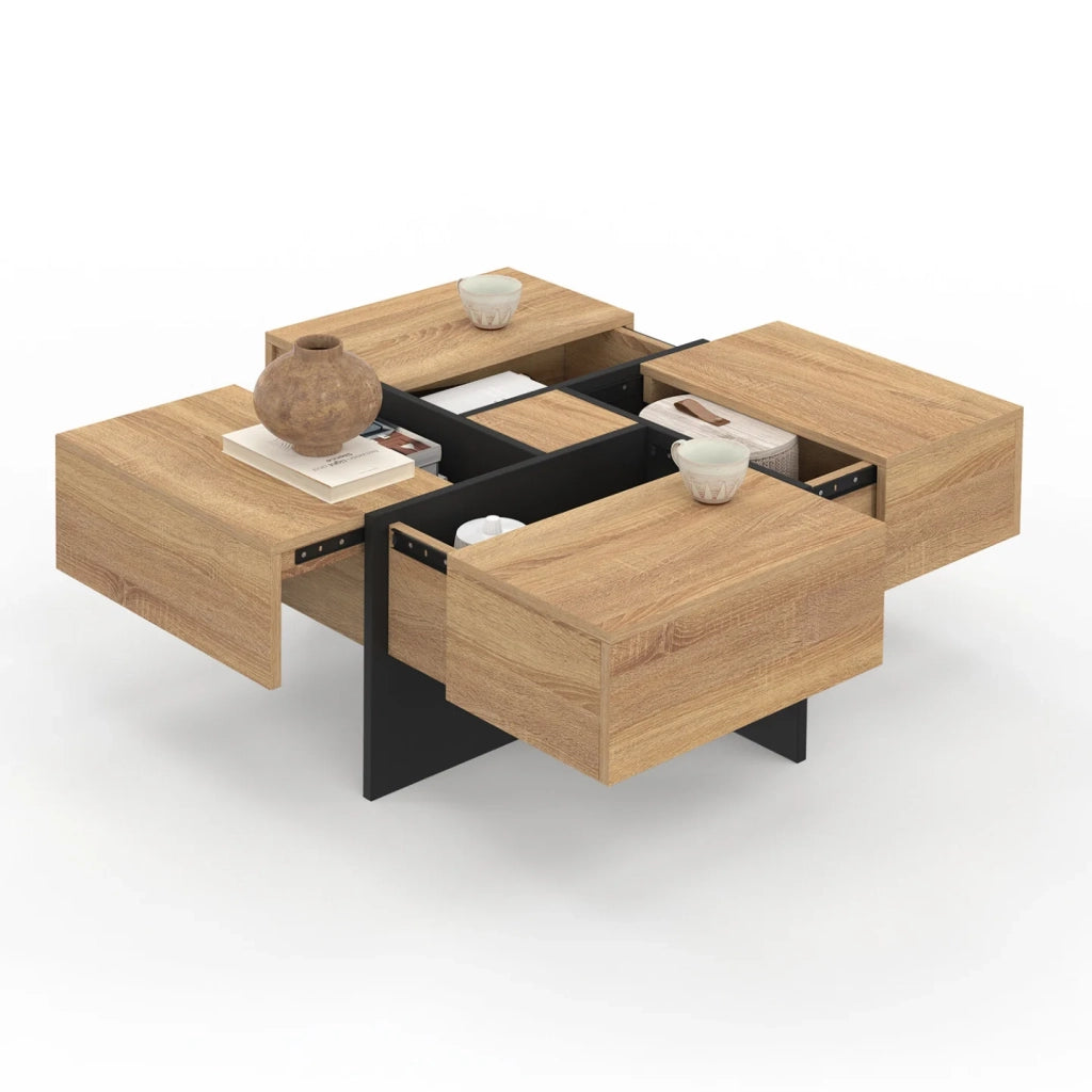 IDMarket - Tavolino quadrato TALIA 70 cm con cassetti in legno e nero