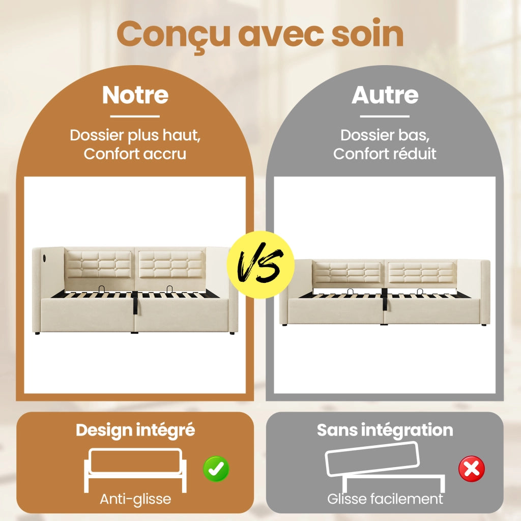 Letto divano singolo 90 × 200 cm con contenitore idraulico, USB e porta tipo C, senza materasso, velluto beige