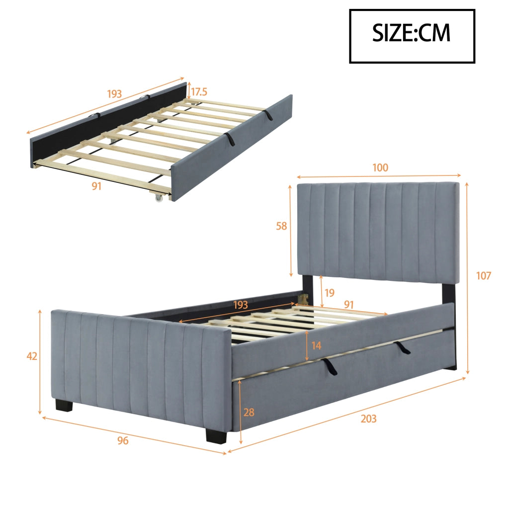 Letto imbottito singolo 90×190 cm e 190×90 cm con letto estraibile e rete; senza materasso; velluto; grigio