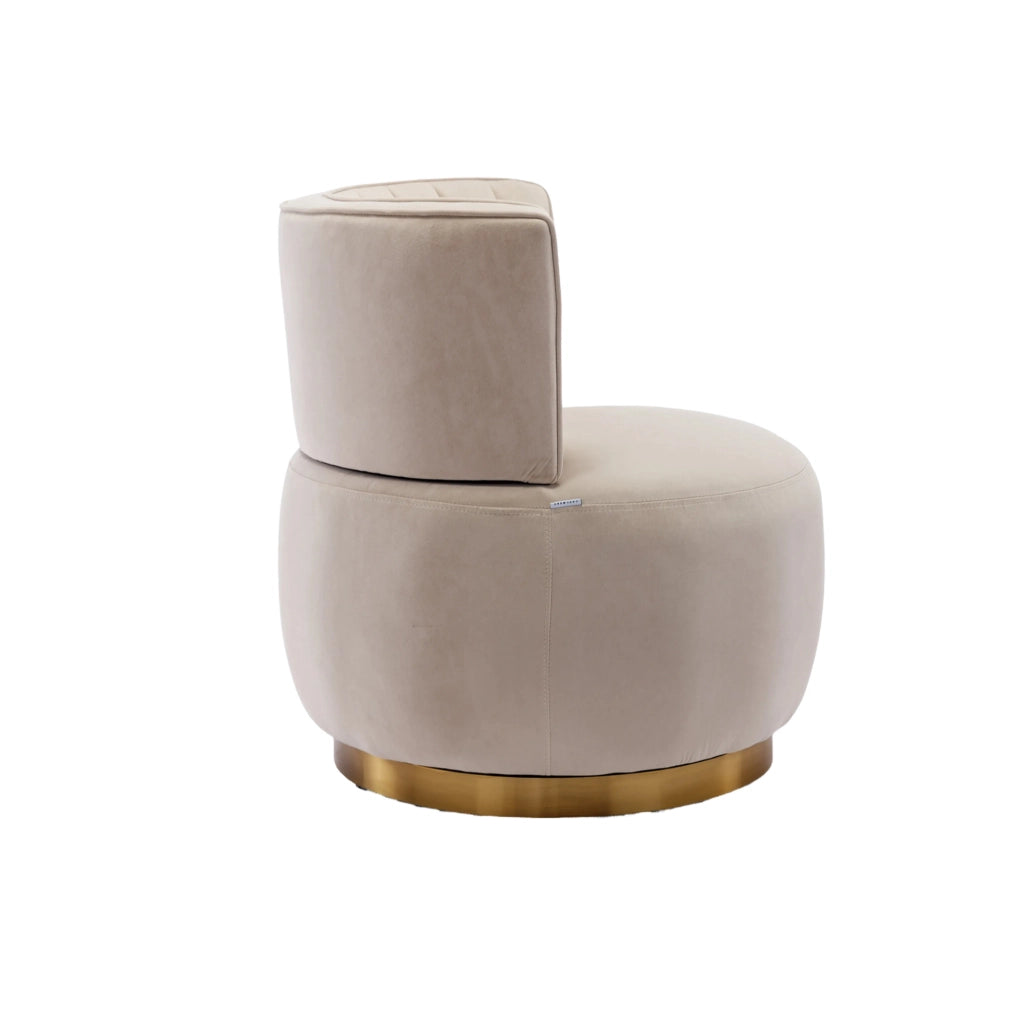 Sedia girevole moderna in velluto beige con struttura in legno e metallo, 62,5x62x69,5 cm, per soggiorno e camera da letto