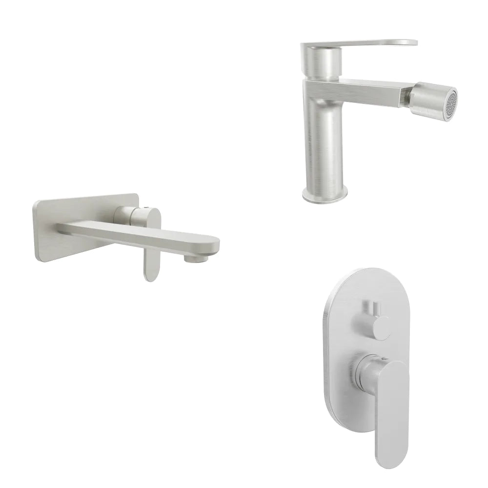 Set miscelatori lavabo ad incasso placca squadrata bidet miscelatore doccia con deviatore nickel spazzolato | Margot