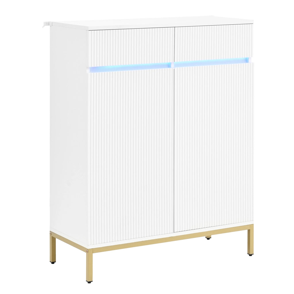 Scarpiera LED con 2 cassetti, 2 ante e ripiani regolabili per ingresso, bianca con gambe dorate, 80 × 35 × 103 cm