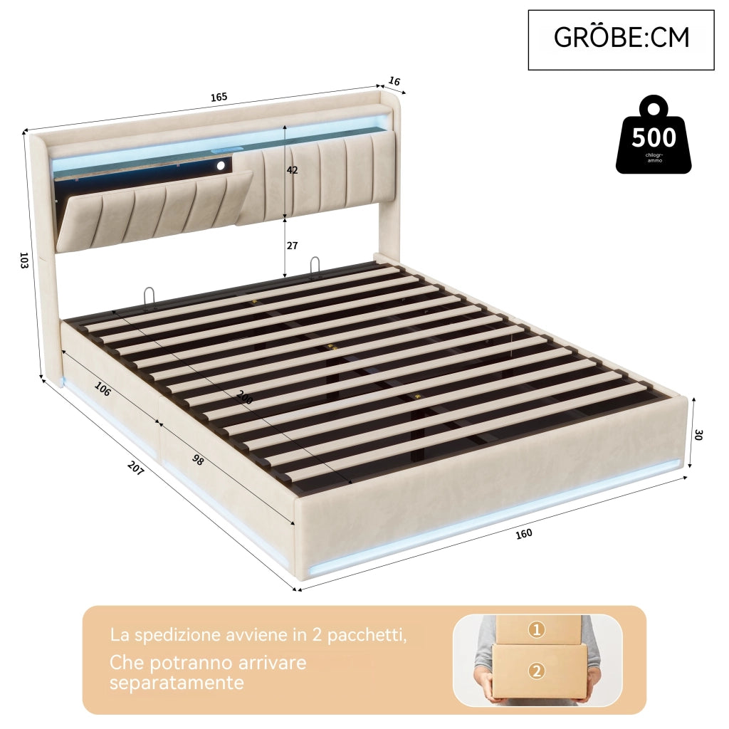 Letto matrimoniale contenitore 160x200 cm imbottito LED USB alzata idraulica testiera letto matrimoniale rete a doghe velluto beige
