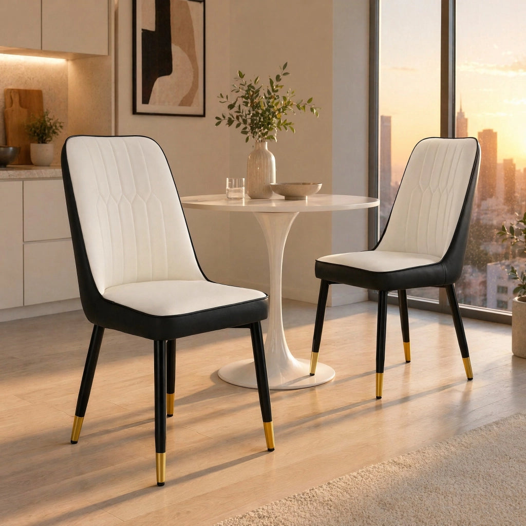 Set di 2 sedie da pranzo moderne in PU nero-bianco con gambe in metallo