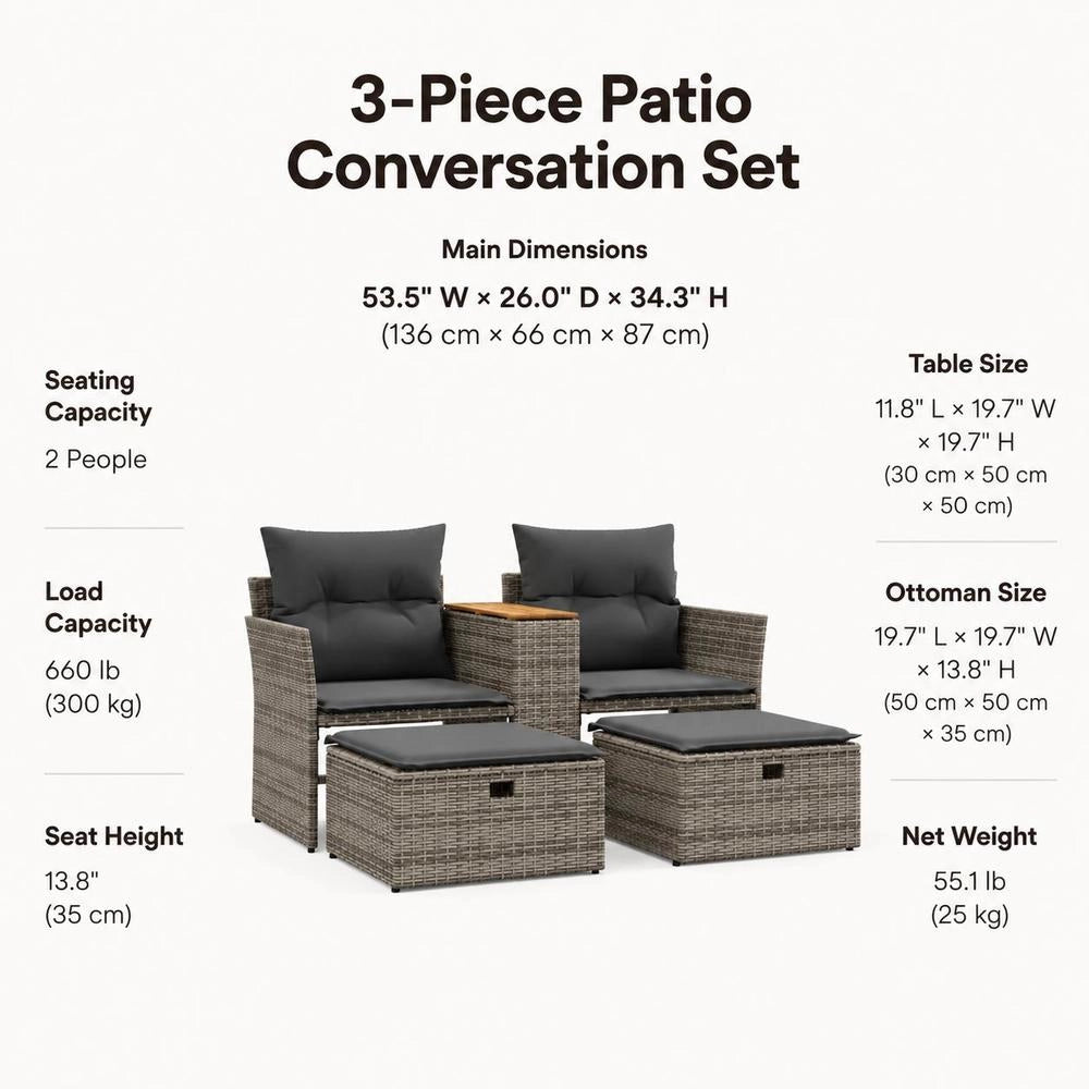 2-seater Garden Sofa With Stools, Grey Poly Rattan
