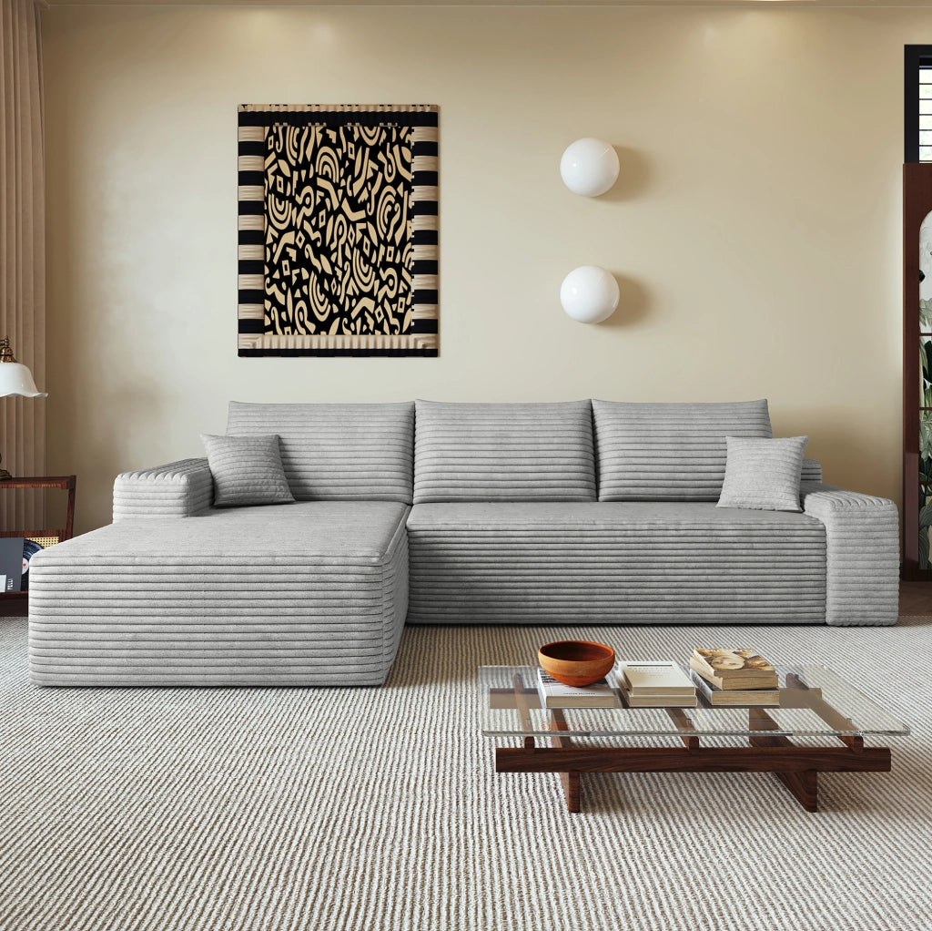 Divano modulare angolare 270 cm con chaise longue a L, tessuto in velluto a coste grigio, senza montaggio richiesto