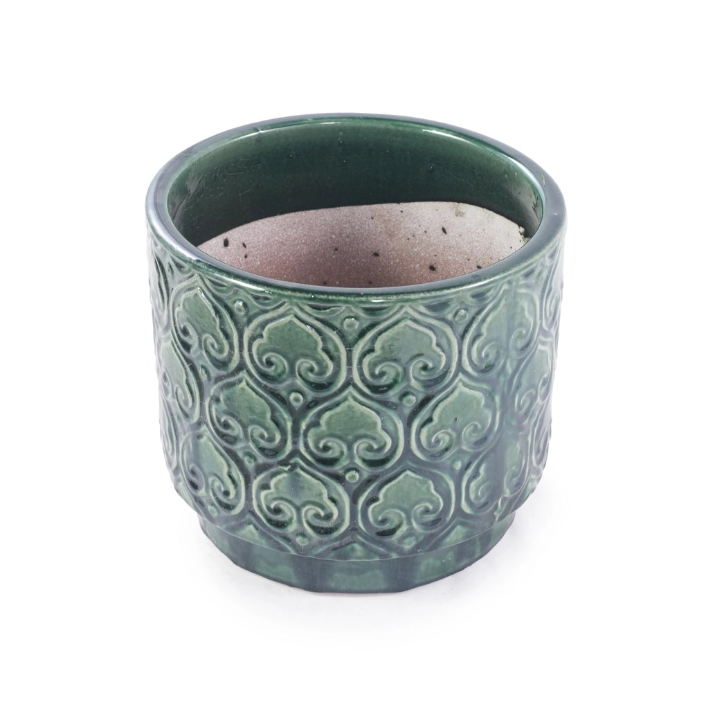 Vaso in Ceramica Artigianale Ø38 cm Verde Smeraldo Lucido con Decorazione a Rilievo a Cuore, Drenaggio e Resistente al Gelo per Piante da Interno e Giardino