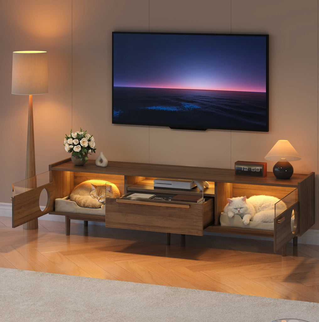 Mobile TV con vano per gatti e LED, noce, 180×40×50 cm