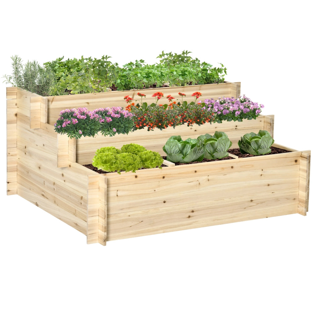 Fioriera rialzata a 3 livelli in legno naturale verniciato per orto e giardino con telo interno 117 x 100 x 54 cm
