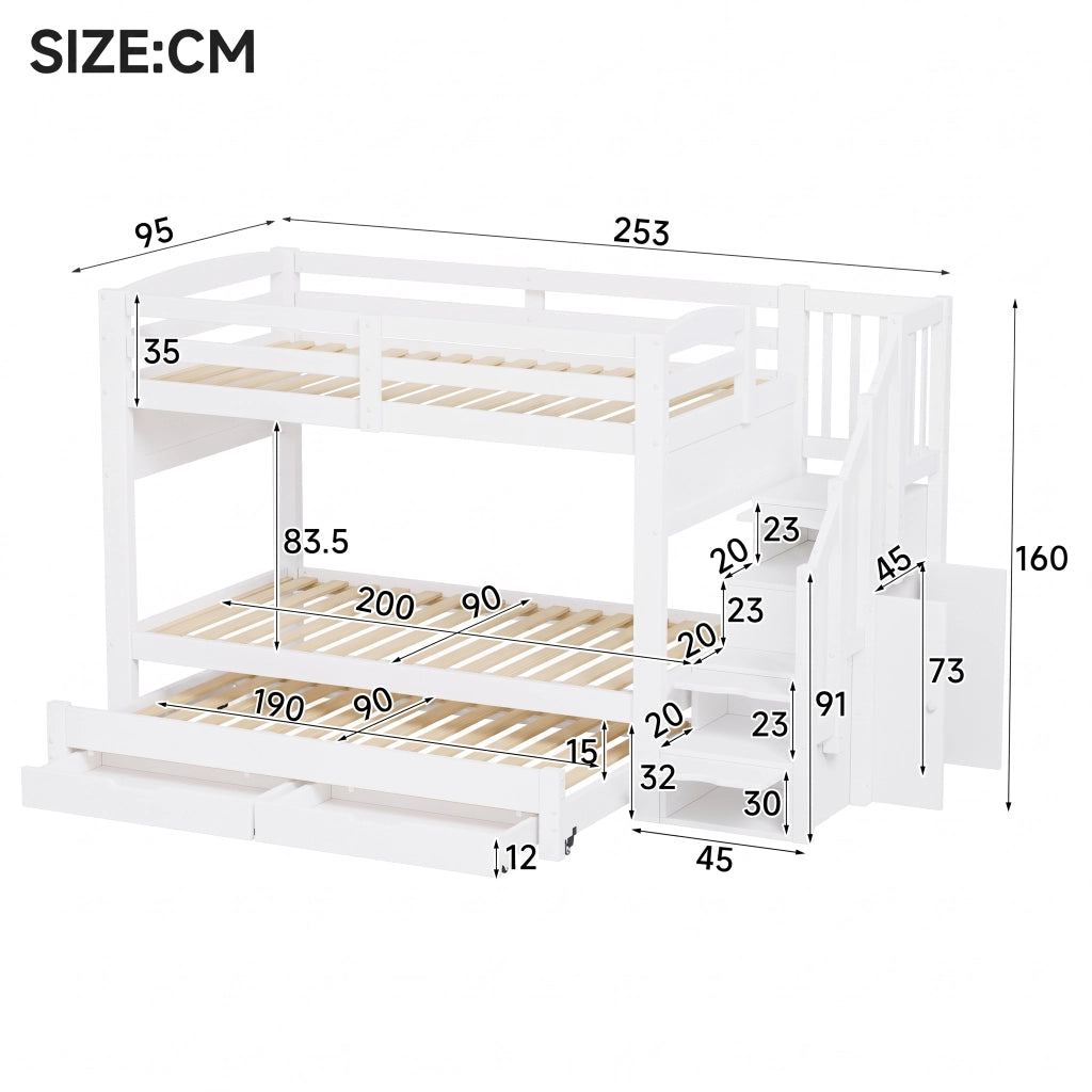 Letto a castello 90 × 200 cm con letto estraibile e scala contenitore con armadio integrato in legno bianco