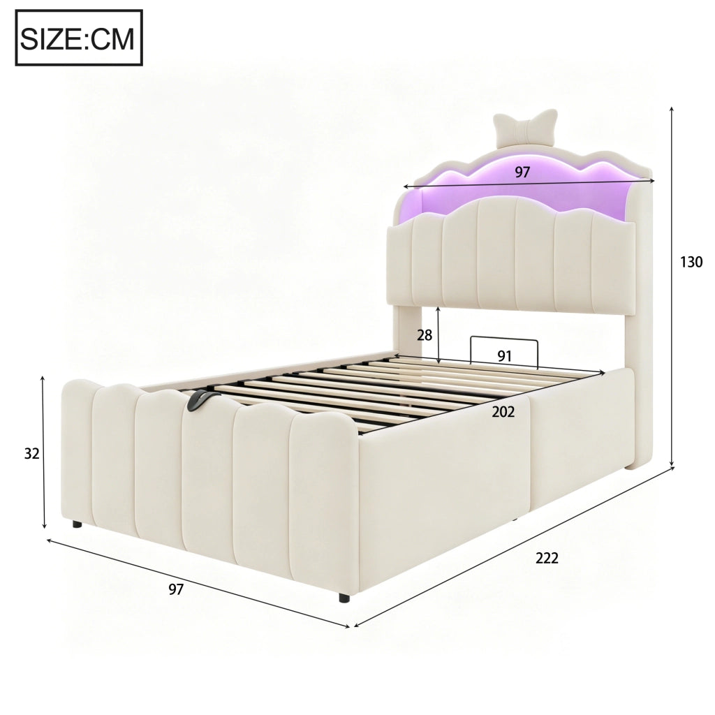 Letto per bambini imbottito 90 × 200 cm con contenitore idraulico testiera LED USB e USB C in velluto beige