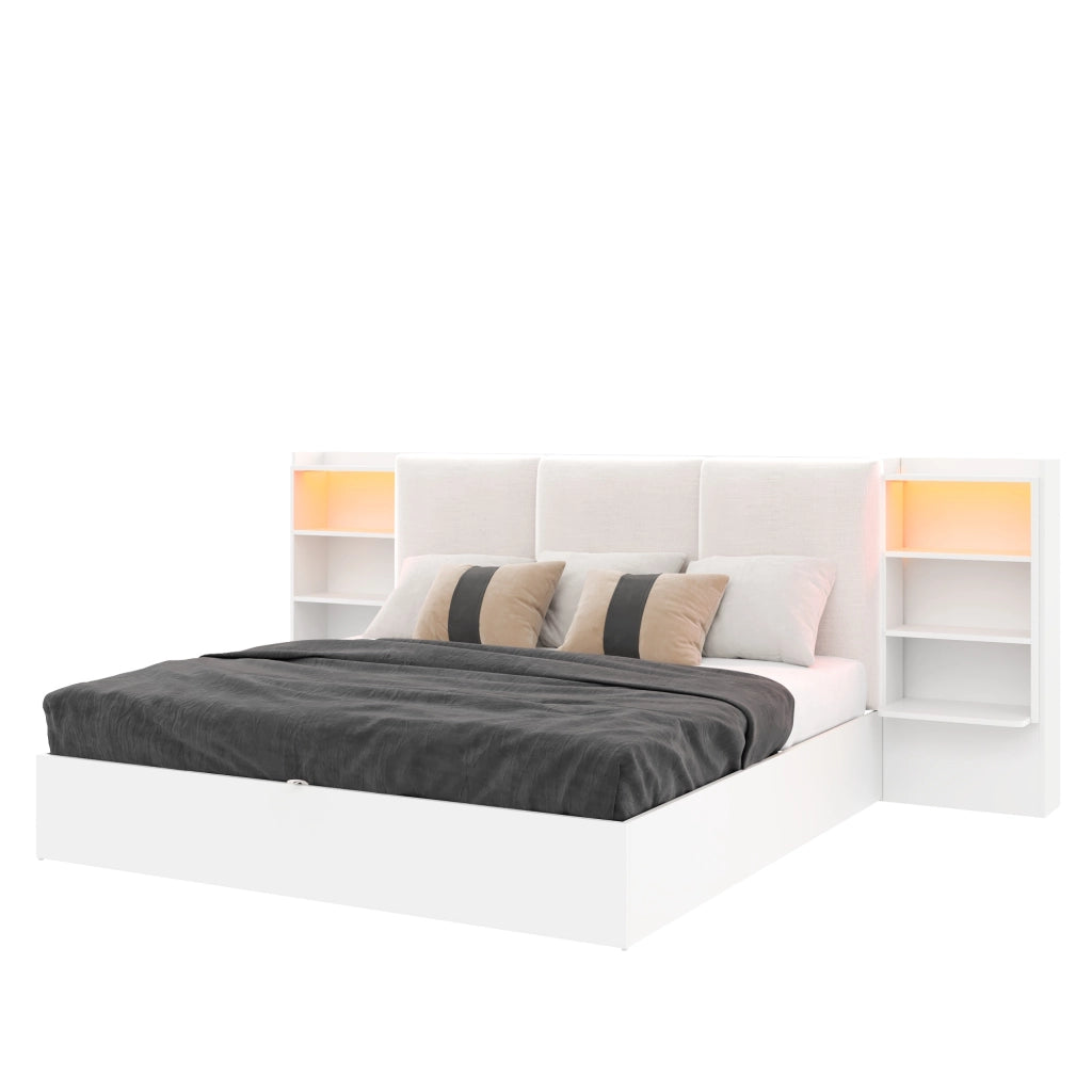 Letto contenitore 180 × 200 cm con testiera imbottita 6 vani LED regolabili struttura in MDF e compensato bianco