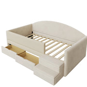 Letto imbottito multifunzionale 90x190 cm con due cassetti e protezioni, tessuto vellutato beige, senza materasso