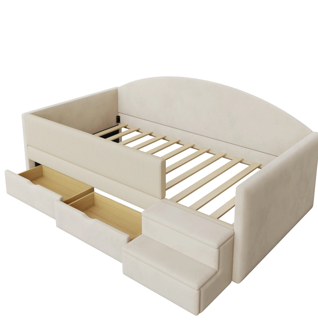 Letto imbottito multifunzionale 90x190 cm con due cassetti e protezioni, tessuto vellutato beige, senza materasso