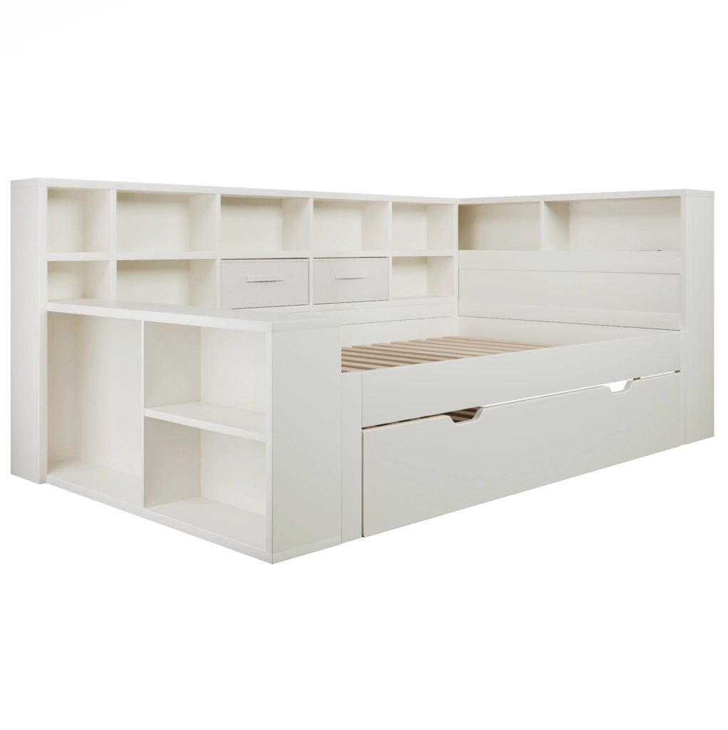 Letto 140x190 con letto estraibile, vani contenitore e prese USB/Type-C, bianco