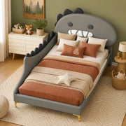 Letto singolo 90 × 200 cm con testiera a dinosauro in PU e MDF grigio
