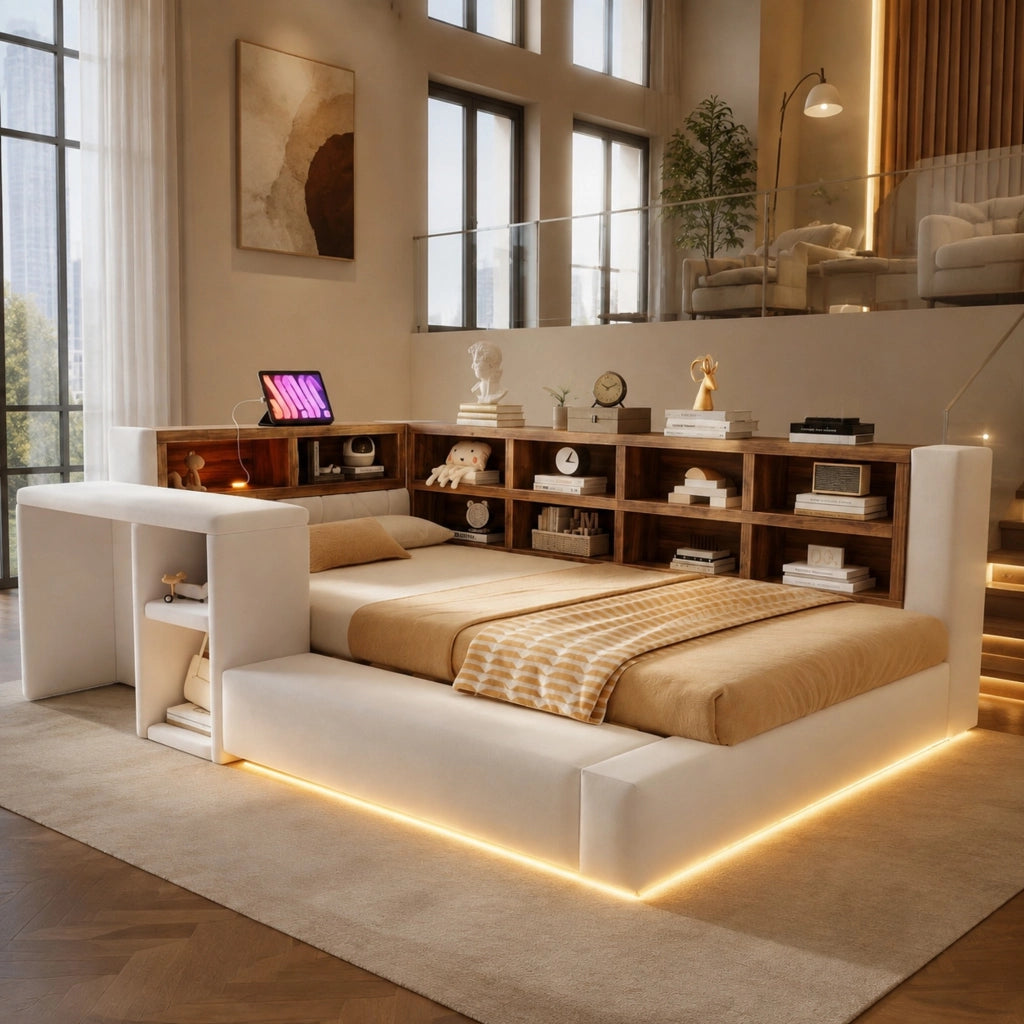 Letto imbottito 90 x 200 cm con LED; prese integrate e vani portaoggetti; beige