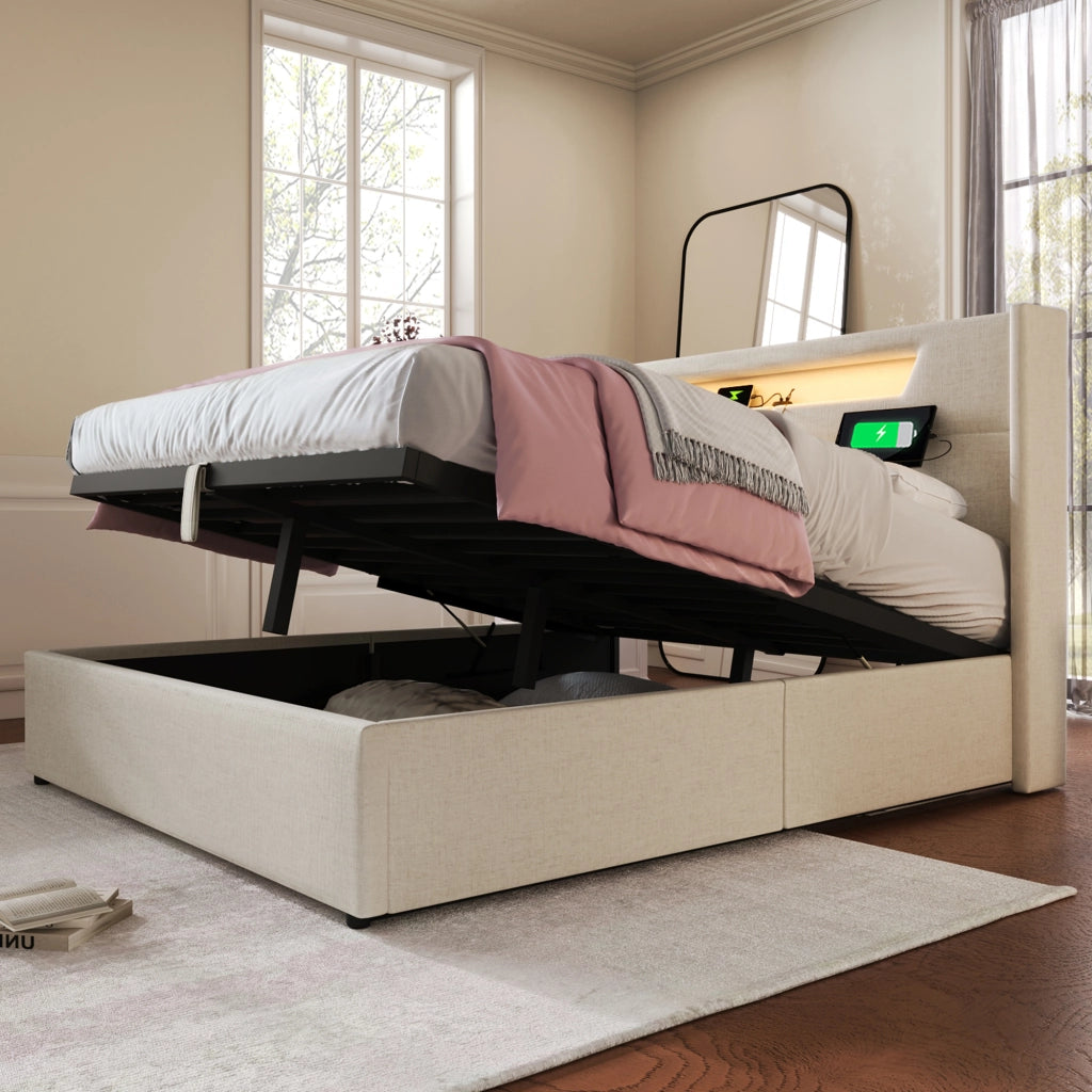 Letto matrimoniale con contenitore 160 × 200 cm imbottito con LED USB e Type-C in lino beige