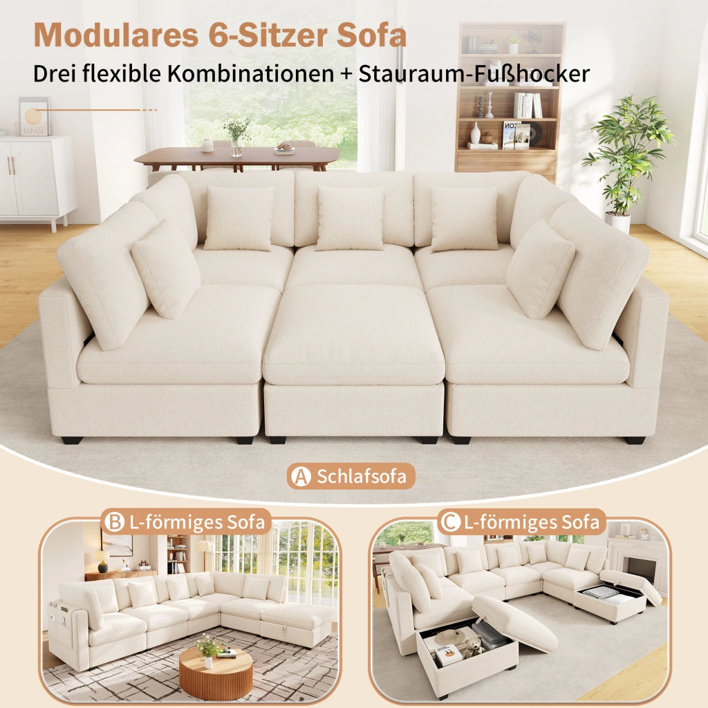 XXL divano angolare regolabile 6 posti; con funzione letto reale; pouf cassettiera; cuscini decorativi 5; ciniglia - beige
