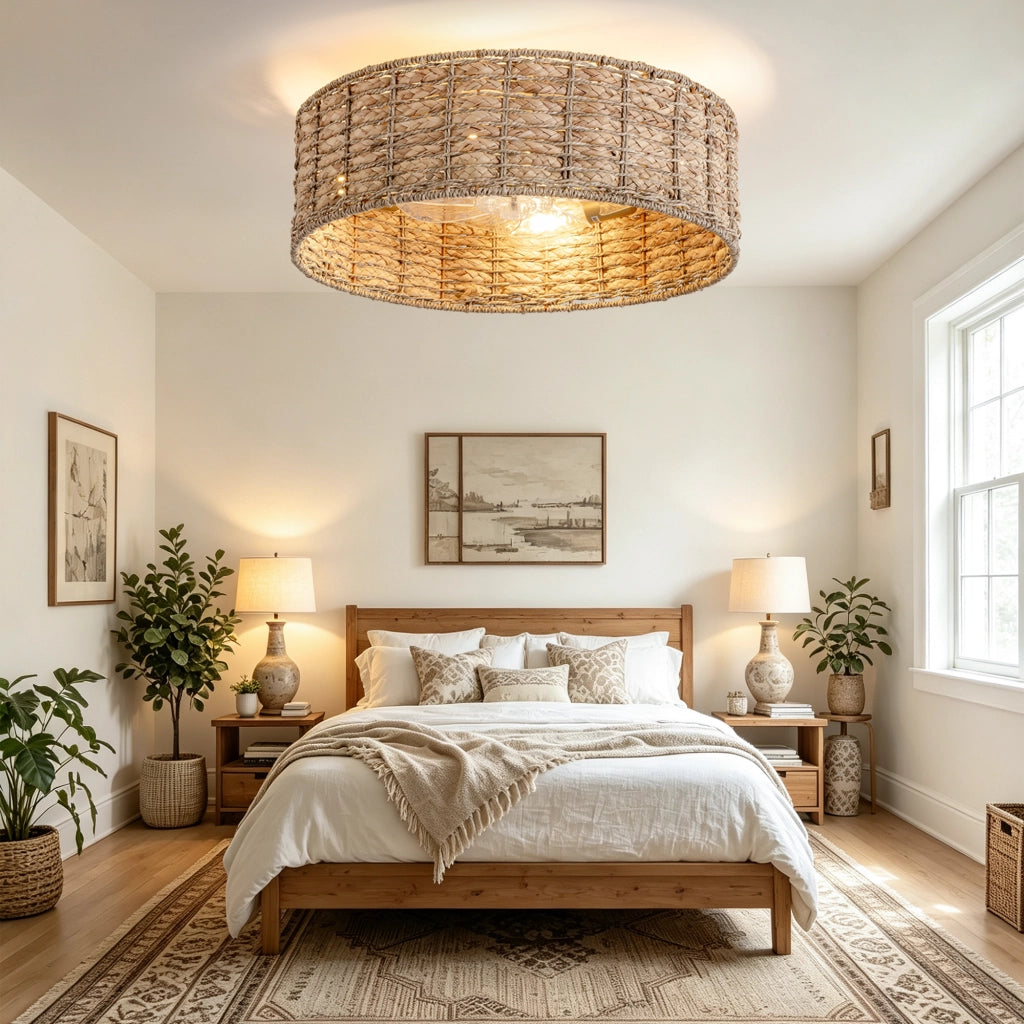 Ventilatore da soffitto con luce e telecomando; 53 cm; rattan naturale e finitura rame