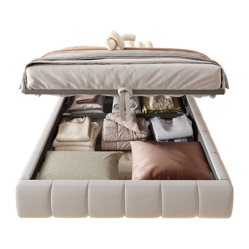 Letto Contenitore Imbottito con LED ¨C MINIMAL ¨C Beige 140x200, Senza Testiera, Idraulico